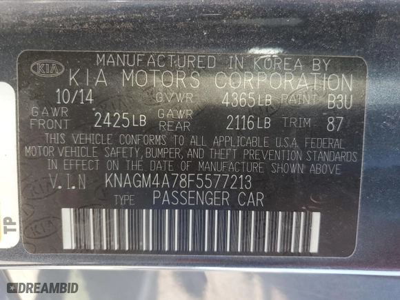 2015 Kia Optima LX with VIN KNAGM4A78F5577213, listed as a Copart auction lot 48440185 with 54,397 mi miles and Clean Title. Bid and sale history available at carsss.com. Image 12.