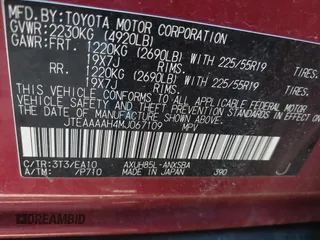 2021 Toyota Venza LE with VIN JTEAAAAH4MJ067109, listed as a IAAI auction lot 41694804 with 61,546 mi miles. Bid and sale history available at carsss.com. Image 9.
