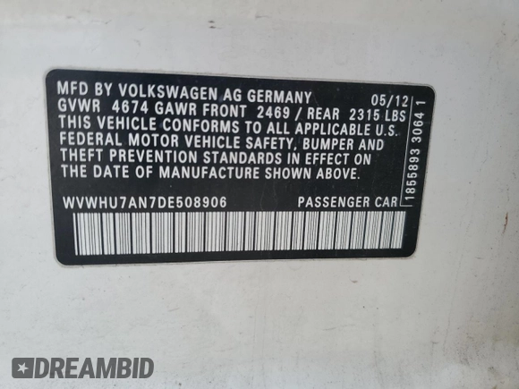 2013 Volkswagen CC VR6 Lux with VIN WVWHU7AN7DE508906, listed as a Copart auction lot 51809335 with 115,679 mi miles and Salvage Title. Bid and sale history available at carsss.com. Image 14.