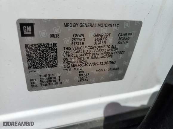 2019 Chevrolet Traverse LT Cloth with VIN 1GNERGKW0KJ136350, listed as a Copart auction lot 48815505 with 72,022 mi miles and Salvage Title. Bid and sale history available at carsss.com. Image 15.