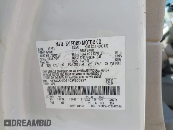2012 Ford Escape XLT с VIN 1FMCU9D74CKB33927, выставлен на аукционе IAAI как лот 42657298 с пробегом 168 828 миль миль и . История ставок и продаж доступна на DreamBid. Изображение 9.