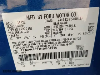 2022 Ford Edge SEL with VIN 2FMPK4J91NBB04916, listed as a IAAI auction lot 41979919 with 54,309 mi miles. Bid and sale history available at carsss.com. Image 9.