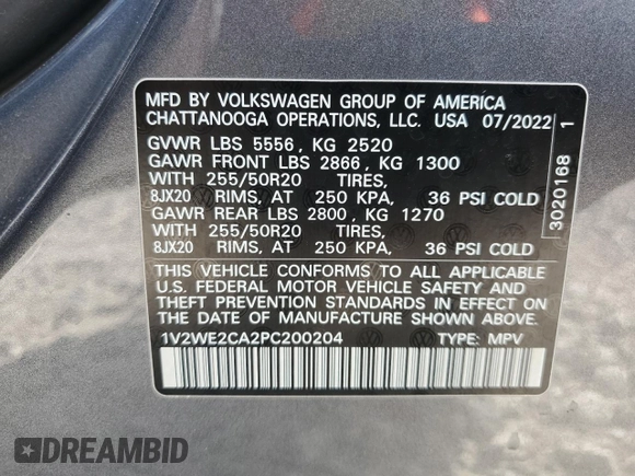 2023 Volkswagen Atlas SE z VIN 1V2WE2CA2PC200204, wystawiony jako Copart lot #85507754 z przebiegiem 50 260 mil mil oraz Szkoda całkowita • Salvage title. Historia ofert i sprzedaży dostępna na DreamBid. Obrazek 14.