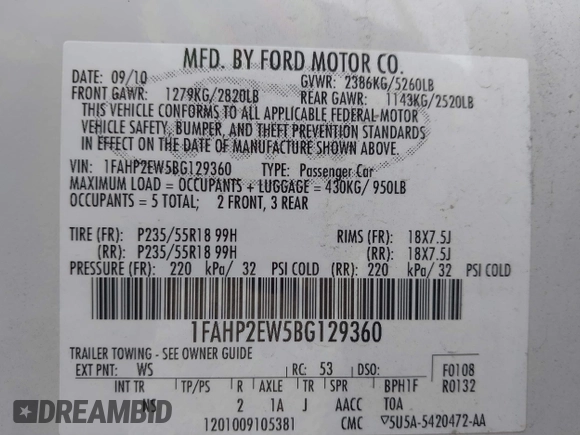 2011 Ford Taurus SEL with VIN 1FAHP2EW5BG129360, listed as a IAAI auction lot 41898961 with 207,440 mi miles. Bid and sale history available at carsss.com. Image 9.