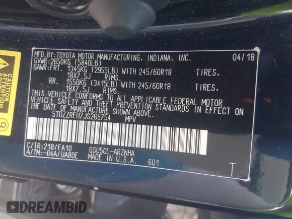 2018 Toyota Highlander LE with VIN 5TDZZRFH7JS265754, listed as a IAAI auction lot 41988890 with 120,082 mi miles and . Bid and sale history available at DreamBid. Image 9.