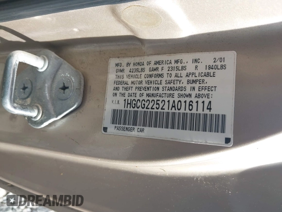 2001 Honda Accord EX с VIN 1HGCG22521A016114, выставлен на аукционе IAAI как лот 42090643 с пробегом Не указан миль и . История ставок и продаж доступна на DreamBid. Изображение 9.