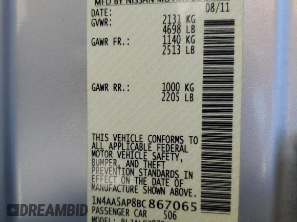 2011 Nissan Maxima S z VIN 1N4AA5AP8BC867065, wystawiony jako Copart lot #56798125 z przebiegiem 118 074 mil mil oraz Szkoda całkowita • Salvage title. Historia ofert i sprzedaży dostępna na DreamBid. Obrazek 13.