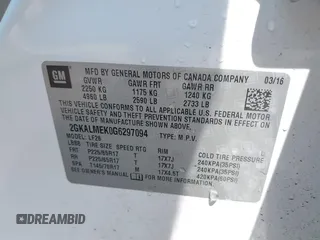 2016 GMC Terrain SLE with VIN 2GKALMEK0G6297094, listed as a IAAI auction lot 40269833 with 75,119 mi miles. Bid and sale history available at carsss.com. Image 9.