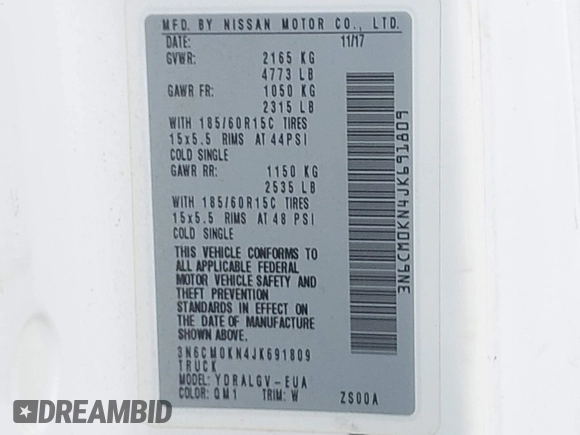 2018 Nissan NV200 S with VIN 3N6CM0KN4JK691809, listed as a IAAI auction lot 41945698 with 186,182 mi miles and . Bid and sale history available at DreamBid. Image 9.