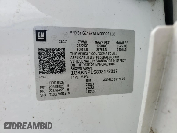 2018 GMC Acadia Denali with VIN 1GKKNPLS8JZ173217, listed as a Copart auction lot 59112845 with 115,378 mi miles and Salvage title. Bid and sale history available at DreamBid. Image 14.