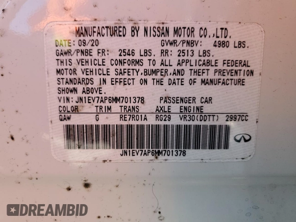 2021 Infiniti Q50 Pure with VIN JN1EV7AP6MM701378, listed as a Copart auction lot 43383655 with 87,293 mi miles and Salvage title. Bid and sale history available at DreamBid. Image 13.