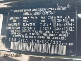 2017 Hyundai Santa Fe 2.0T with VIN 5XYZUDLA8HG502333, listed as a IAAI auction lot 41246195 with 62,772 mi miles and . Bid and sale history available at DreamBid. Image 9.