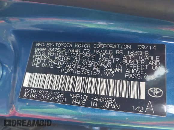 2014 Toyota Prius One z VIN JTDKDTB34E1571983, wystawiony jako IAAI lot #41760657 z przebiegiem 237 497 mil mil oraz . Historia ofert i sprzedaży dostępna na DreamBid. Obrazek 9.
