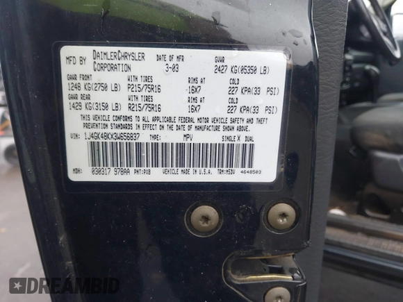 2003 Jeep Liberty Sport with VIN 1J4GK48KX3W656837, listed as a IAAI auction lot 40785615 with 164,450 mi miles and . Bid and sale history available at DreamBid. Image 9.