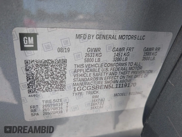2020 Chevrolet Colorado 2WD Work Truck z VIN 1GCGSBEN5L1119170, wystawiony jako IAAI lot #41865912 z przebiegiem 99 896 mil mil oraz . Historia ofert i sprzedaży dostępna na DreamBid. Obrazek 9.