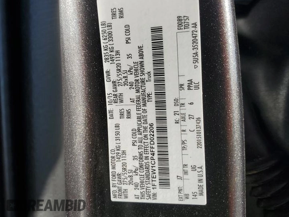 2015 Ford F-150 XL with VIN 1FTEW1CP4FFD02206, listed as a Copart auction lot 87063384 with 104,279 mi miles and Salvage Title. Bid and sale history available at carsss.com. Image 14.