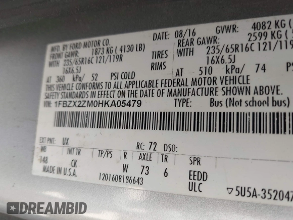 2017 Ford Transit XL with VIN 1FBZX2ZM0HKA05479, listed as a IAAI auction lot 42181202 with 195,346 mi miles and . Bid and sale history available at DreamBid. Image 9.