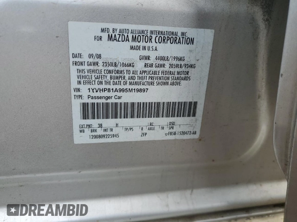 2009 Mazda 6 i Sport with VIN 1YVHP81A995M19897, listed as a Copart auction lot 54046385 with 219,021 mi miles and Salvage title. Bid and sale history available at DreamBid. Image 12.