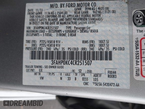 2012 Ford Fusion SPORT with VIN 3FAHP0KC4CR251507, listed as a IAAI auction lot 41592028 with 56,055 mi miles. Bid and sale history available at carsss.com. Image 9.