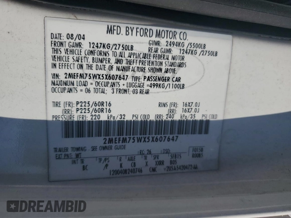 2005 Mercury Grand Marquis LS Premium z VIN 2MEFM75WX5X607647, wystawiony jako Copart lot #73566194 z przebiegiem 206 152 mil mil oraz Szkoda całkowita • Salvage title. Historia ofert i sprzedaży dostępna na DreamBid. Obrazek 14.
