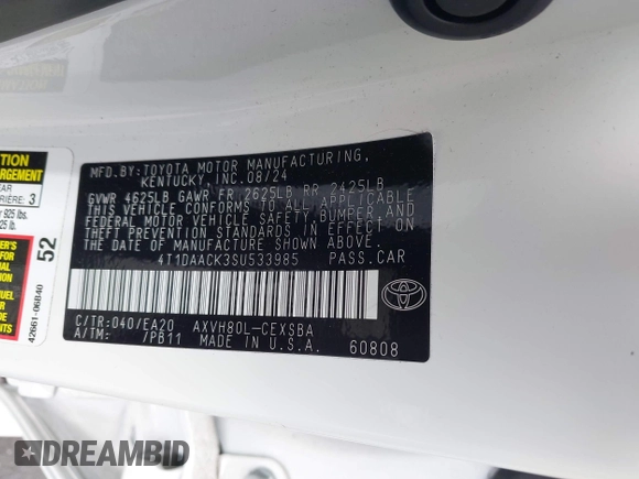 2025 Toyota Camry LE z VIN 4T1DAACK3SU533985, wystawiony jako IAAI lot #42118873 z przebiegiem Nie podano mil oraz . Historia ofert i sprzedaży dostępna na DreamBid. Obrazek 9.