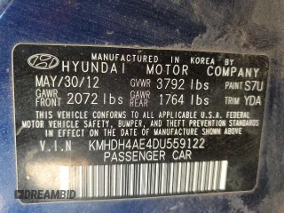 2013 Hyundai Elantra GLS with VIN KMHDH4AE4DU559122, listed as a Copart auction lot 62220825 with 183,220 mi miles and Clean title. Bid and sale history available at DreamBid. Image 12.