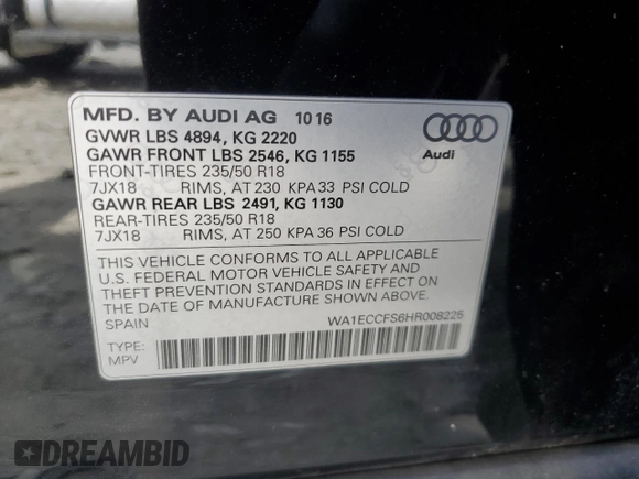 2017 Audi Q3 Premium z VIN WA1ECCFS6HR008225, wystawiony jako Copart lot #49526935 z przebiegiem 61 250 mil mil oraz Szkody całkowita. Historia ofert i sprzedaży dostępna na DreamBid. Obrazek 15.