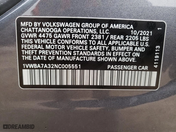 2022 Volkswagen Passat 2.0T Limited Edition with VIN 1VWBA7A32NC005551, listed as a Copart auction lot 67664392 with 20,869 mi miles. Bid and sale history available at carsss.com. Image 12.