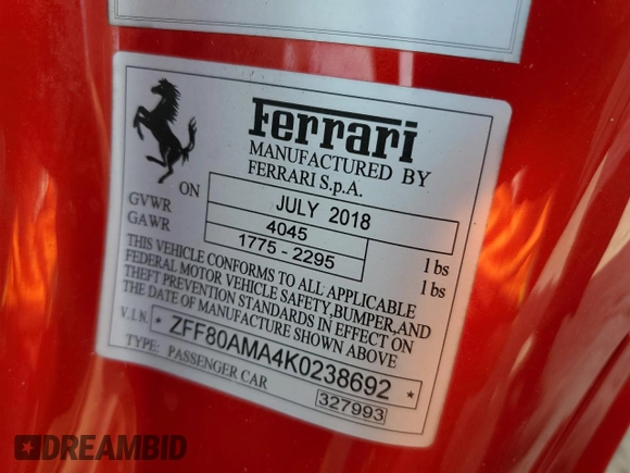 2019 Ferrari 488 z VIN ZFF80AMA4K0238692, wystawiony jako Copart lot #72172804 z przebiegiem Nie podano mil oraz Szkoda całkowita • Salvage title. Historia ofert i sprzedaży dostępna na DreamBid. Obrazek 12.