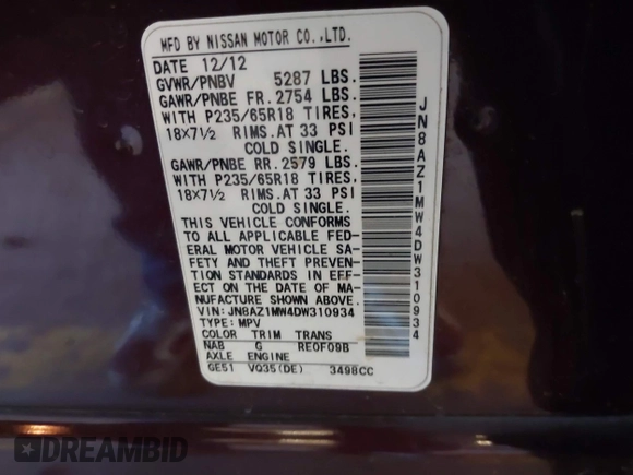 2013 Nissan Murano LE with VIN JN8AZ1MW4DW310934, listed as a IAAI auction lot 41725364 with 131,084 mi miles and . Bid and sale history available at DreamBid. Image 9.