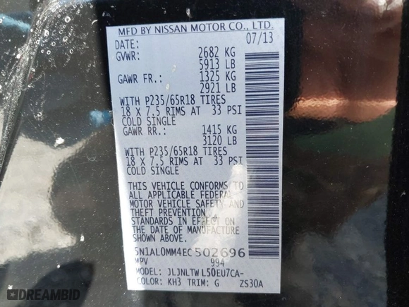 2014 Infiniti QX60 with VIN 5N1AL0MM4EC502696, listed as a IAAI auction lot 41801112 with 119,135 mi miles. Bid and sale history available at carsss.com. Image 9.