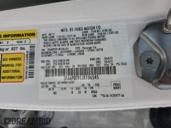 2018 Ford Fusion SE with VIN 3FA6P0T91JR106545, listed as a Copart auction lot 43761865 with 107,168 mi miles and Non Repairable. Bid and sale history available at carsss.com. Image 13.