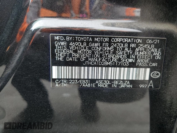 2021 Lexus IS 300 with VIN JTHCA1D28M5117103, listed as a Copart auction lot 53957595 with 39,680 mi miles and Salvage title. Bid and sale history available at DreamBid. Image 12.