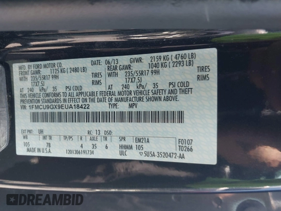 2014 Ford Escape SE with VIN 1FMCU9GX9EUA18422, listed as a IAAI auction lot 42765689 with 153,235 mi miles and . Bid and sale history available at DreamBid. Image 9.