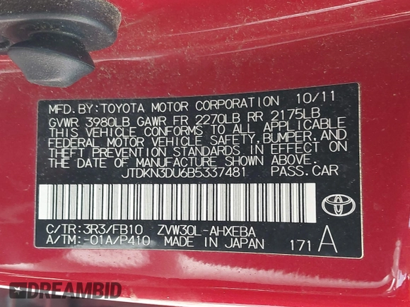 2011 Toyota Prius I with VIN JTDKN3DU6B5337481, listed as a IAAI auction lot 42143060 with 207,394 mi miles. Bid and sale history available at carsss.com. Image 9.