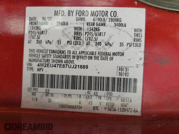 2007 Mercury Mountaineer with VIN 4M2EU47E87UJ21889, listed as a Copart auction lot 69648144 with 170,292 mi miles and Salvage title. Bid and sale history available at DreamBid. Image 13.