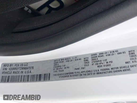 2021 Ram 1500 Big Horn z VIN 1C6RREFT2MN647379, wystawiony jako IAAI lot #42094375 z przebiegiem 57 121 mil mil oraz . Historia ofert i sprzedaży dostępna na DreamBid. Obrazek 9.