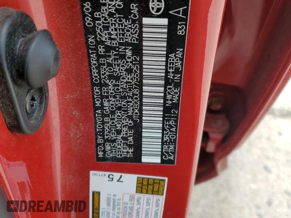 2007 Toyota Prius с VIN JTDKB20U877552512, выставлен на аукционе Copart как лот 55304895 с пробегом 99 329 миль миль и Списание • Salvage title. История ставок и продаж доступна на DreamBid. Изображение 12.