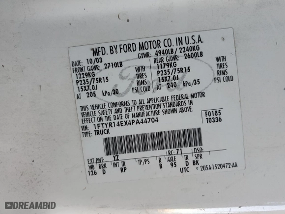 2004 Ford Ranger Edge with VIN 1FTYR14EX4PA44704, listed as a Copart auction lot 44187775 with 154,097 mi miles and Salvage Title. Bid and sale history available at carsss.com. Image 12.