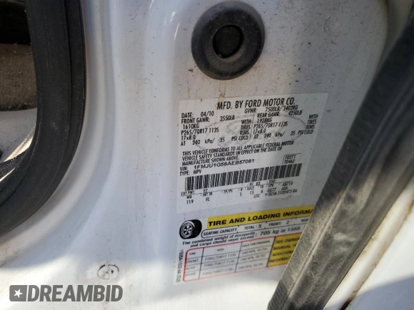 2010 Ford Expedition SSV with VIN 1FMJU1G58AEB57081, listed as a Copart auction lot 84215974 with Not provided miles and Salvage title. Bid and sale history available at DreamBid. Image 13.