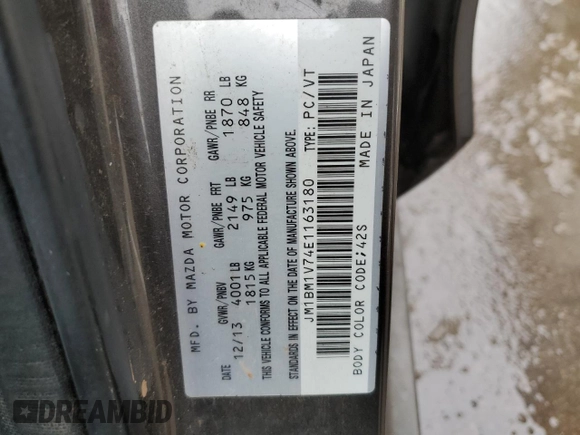 2014 Mazda 3 i Touring with VIN JM1BM1V74E1163180, listed as a Copart auction lot 47812765 with 265,307 mi miles and Clean Title. Bid and sale history available at DreamBid. Image 12.