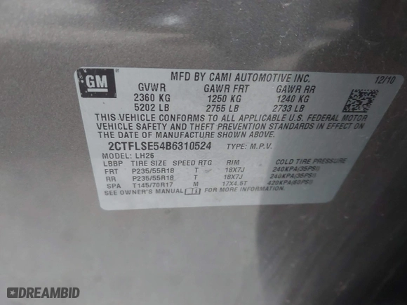 2011 GMC Terrain SLE-2 with VIN 2CTFLSE54B6310524, listed as a IAAI auction lot 41215197 with 209,043 mi miles. Bid and sale history available at carsss.com. Image 9.