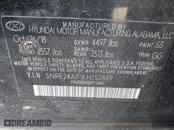 2019 Hyundai Sonata SE with VIN 5NPE24AF1KH752869, listed as a IAAI auction lot 41998391 with 107,913 mi miles and . Bid and sale history available at DreamBid. Image 9.
