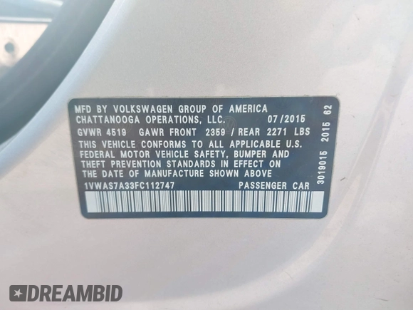 2015 Volkswagen Passat S with VIN 1VWAS7A33FC112747, listed as a IAAI auction lot 41808988 with 170,381 mi miles and . Bid and sale history available at DreamBid. Image 9.