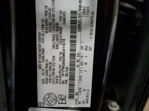 2021 Ford F-250 XL с VIN 1FT7W2B6XMED11678, выставлен на аукционе Copart как лот 48120805 с пробегом 35 744 миль миль и Чистый • Clean title. История ставок и продаж доступна на DreamBid. Изображение 13.