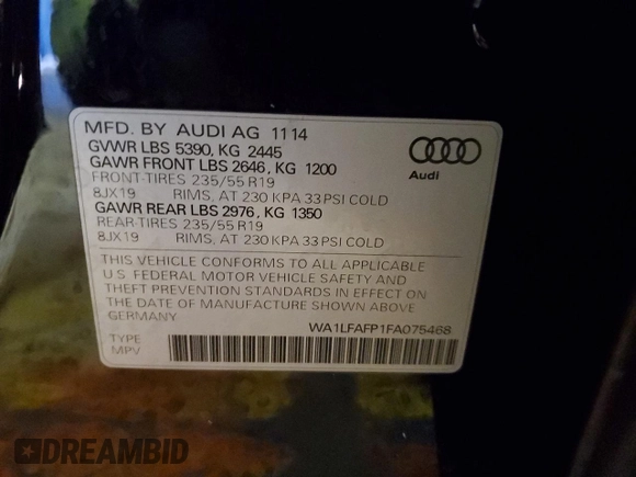 2015 Audi Q5 Premium Plus with VIN WA1LFAFP1FA075468, listed as a Copart auction lot 41379845 with 73,105 mi miles and Non Repairable. Bid and sale history available at carsss.com. Image 12.