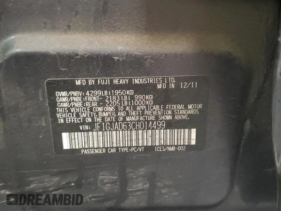2012 Subaru Impreza Premium z VIN JF1GJAD63CH014499, wystawiony jako Copart lot #58422175 z przebiegiem 166 175 mil mil oraz Szkoda całkowita • Salvage title. Historia ofert i sprzedaży dostępna na DreamBid. Obrazek 13.