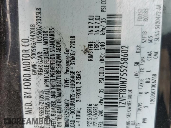 2005 Ford Mustang Deluxe z VIN 1ZVFT80N755258602, wystawiony jako Copart lot #57840845 z przebiegiem 155 278 mil mil oraz Szkoda całkowita • Salvage title. Historia ofert i sprzedaży dostępna na DreamBid. Obrazek 12.