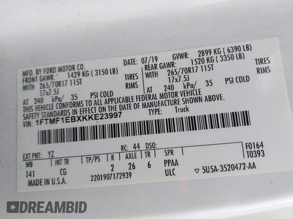 2019 Ford F-150 XL with VIN 1FTMF1EBXKKE23997, listed as a IAAI auction lot 41571221 with 53,964 mi miles and . Bid and sale history available at DreamBid. Image 9.
