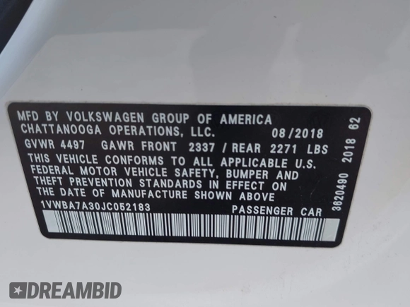 2018 Volkswagen Passat SE with VIN 1VWBA7A30JC052183, listed as a IAAI auction lot 42019565 with 105,743 mi miles and . Bid and sale history available at DreamBid. Image 9.
